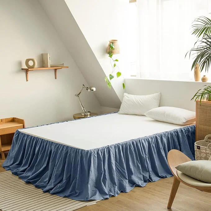 Unique BISELINA French Linen Bed Skirt with Pleated Frills 22-Inch Tailored Drop Natural Flax Cotton Blend Dust Ruffle Soft Cozy Farmhouse Bedding 22 quot Queen Navy Blue Classic