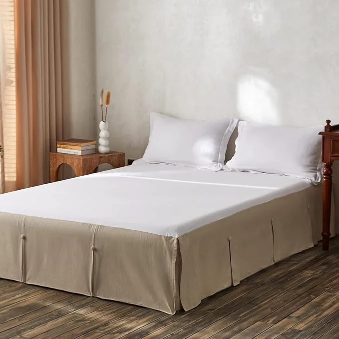 Fine Crafted BISELINA French Linen Bed Skirt Split Corner with Button 14-Inch Tailored Drop Natural Flax Cotton Blend Basic Dust Ruffle Soft Cozy 14 quot King Button Linen Luxury