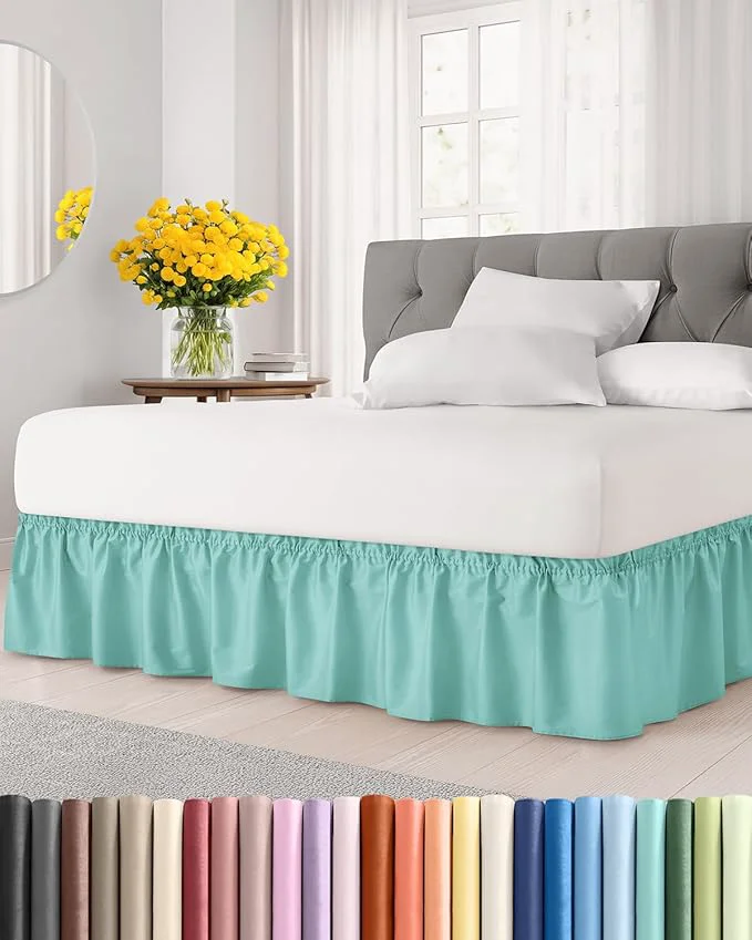 Practical Wrap Around Dust Ruffle Bed Skirt – Spa Blue – Twin Twin XL Size Beds with 12 Inch Drop – Easy Fit Elastic Strap – Adjustable Pleated Bedskirt w Brushed Fabric Wrinkle – Women Men Kids amp Teens Responsible