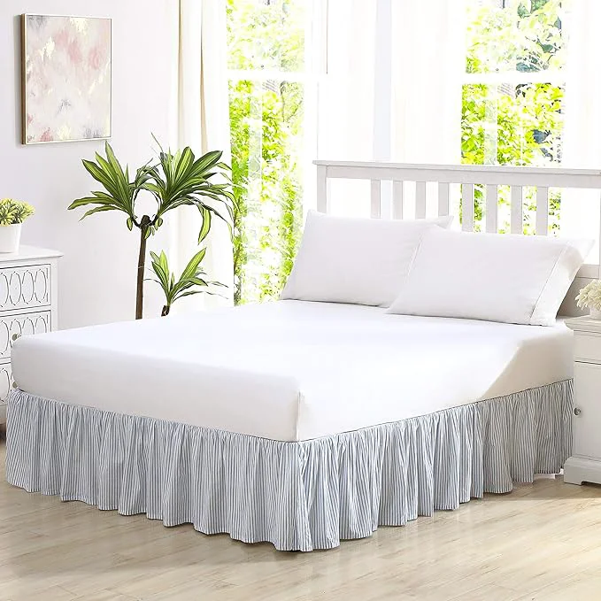 Stylish Laura Ashley – Twin Size Bedskirt Soft Cotton Ruffled Bedding for Year Round Use Striped Bedding with 14.5 quot Drop Ticking Stripe Blue Elite