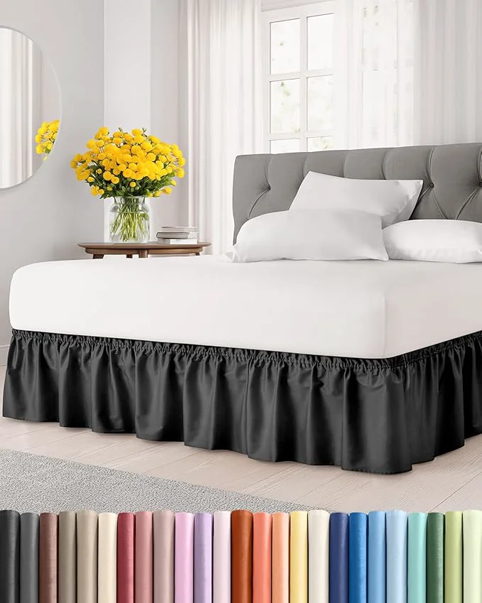 Superior Wrap Around Dust Ruffle Bed Skirt – Black – Twin Twin XL Size Beds with 12 Inch Drop – Easy Fit Elastic Strap – Adjustable Pleated Bedskirt w Brushed Fabric – Wrinkle – Women Men Kids amp Teens Practical