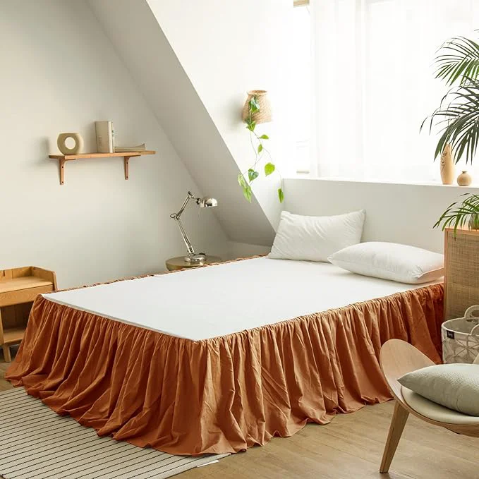 Sophisticated BISELINA French Linen Bed Skirt with Pleated Frills 14-Inch Tailored Drop Natural Flax Cotton Blend Dust Ruffle Soft Cozy Farmhouse Bedding 14 quot Twin Rust Enhanced