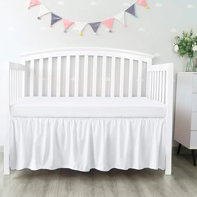 Clean Crib Bed Skirt 28 x 52 with 14 Drop Pleated Dust Ruffle for Baby Boys Girls Elastic Adjustable Fit Toddler Bedskirt Easy On Off Soft Nursery Standard Crib Bedding Skirts Solid White Crib Skirt Original Design