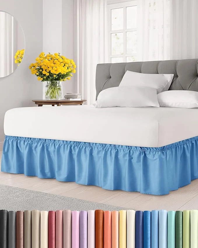 Sustainable Wrap Around Dust Ruffle Bed Skirt – Denim Blue – for King Size Beds with 24 Inch Drop – Elastic Strap – Adjustable Pleated Bedskirt with Brushed Fabric and Wrinkle – for Women Men Kids amp Teens Proven