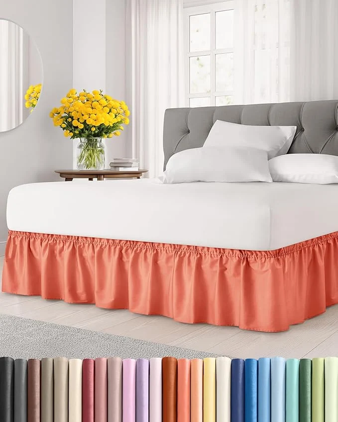 Reusable Wrap Around Dust Ruffle Bed Skirt – Coral – for King Size Beds with 18 Inch Drop – Easy Fit Elastic Strap – Adjustable Pleated Bedskirt w Brushed Fabric – Wrinkle – for Women Men Kids amp Teens Advanced
