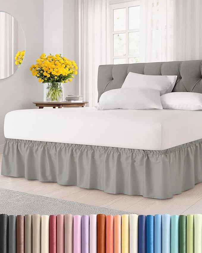 Flexible Wrap Around Dust Ruffle Bed Skirt – Light Grey – for Queen Size Beds with 15 Inch Drop – Elastic Strap – Adjustable Pleated Bedskirt with Brushed Fabric and Wrinkle – For Women Men Kids amp Teens Official