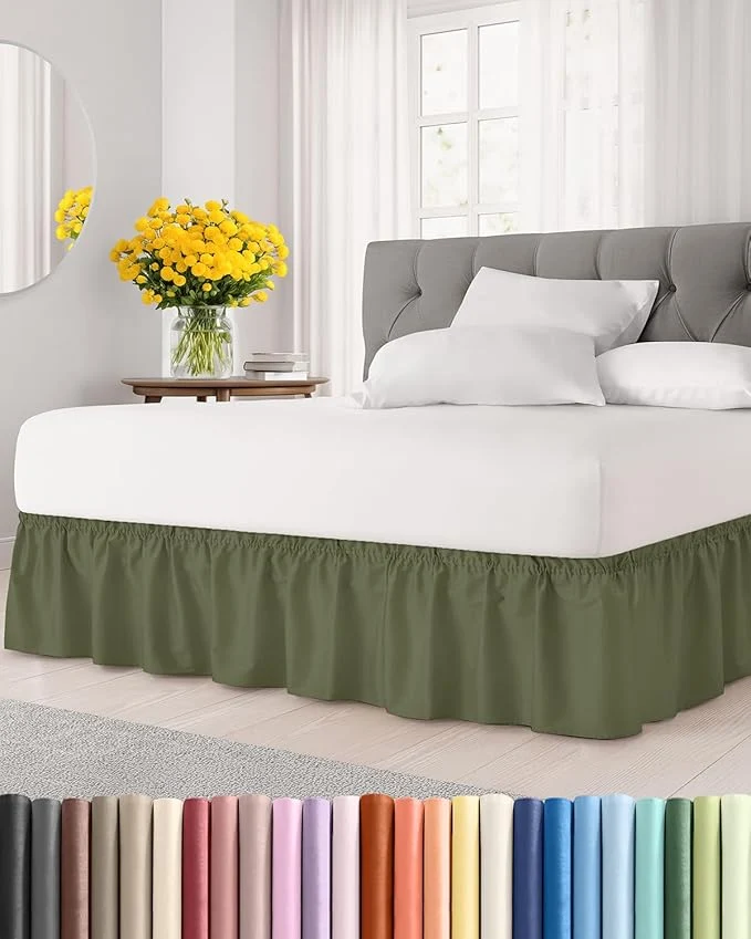 Smart Wrap Around Dust Ruffle Bed Skirt – Sage Green – for Full Size Beds with 24 Inch Drop – Elastic Strap – Adjustable Pleated Bedskirt with Brushed Fabric and Wrinkle – for Women Men Kids amp Teens Organic