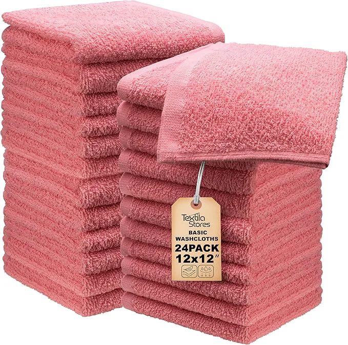 Genuine Basic Wash Cloths 12×12 Inches – Bulk Pack of 24 – Rose Pink Color – Soft and Minimalist