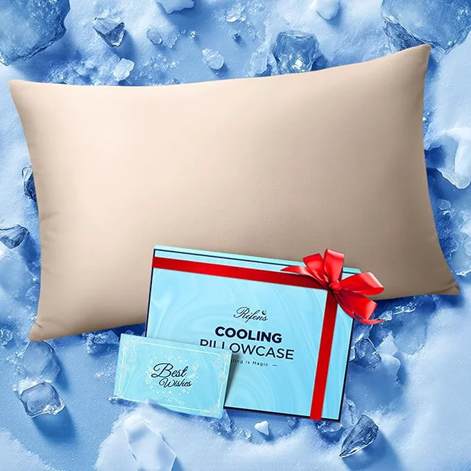 Secure Ice Cooling Pillowcase for Hot Sleepers Instantly Cool Stays Cold All Night Softer Than Silk Pillow Cases Pillow Covers with Invisible Zipper Gift for Men amp Women – Standard Size Beige 1 Pack Premium Material