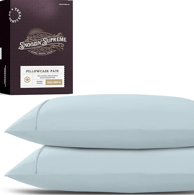 Pure TEXAS LINEN CO. Egyptian Cotton Pillowcases Queen Size Set of 2 – Luxury 2000 Series Standard Queen Pillow Cases Soft Envelope Closure Hotel Quality Pillowcase 21 x 32 Light Blue Artisan
