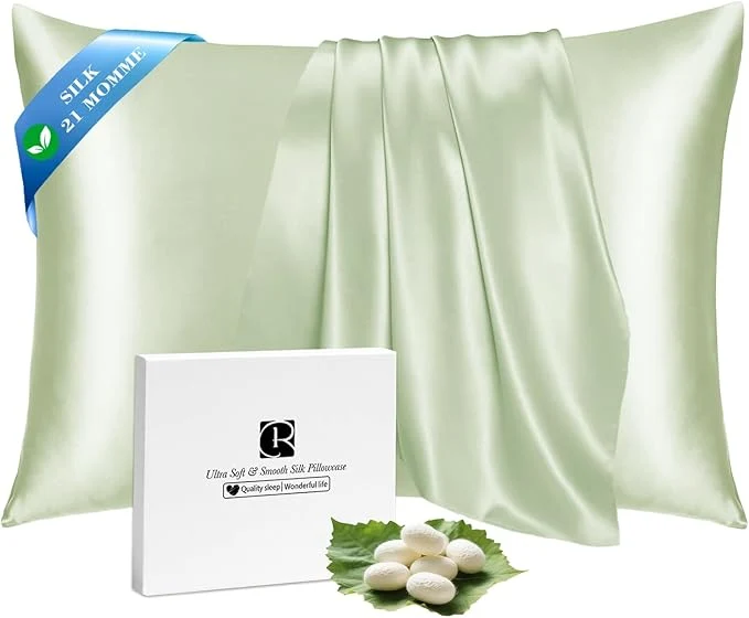 High-Grade Ravmix Silk Pillow Cases with Zipper 21momme Mulberry Silk Pillowcase for Hair Skin Health Soft Smooth Breathable Cool Pillow Cover for Beauty Sleep with Gift Box 1PC Standard 20 quot x26 quot Bean Green Premium