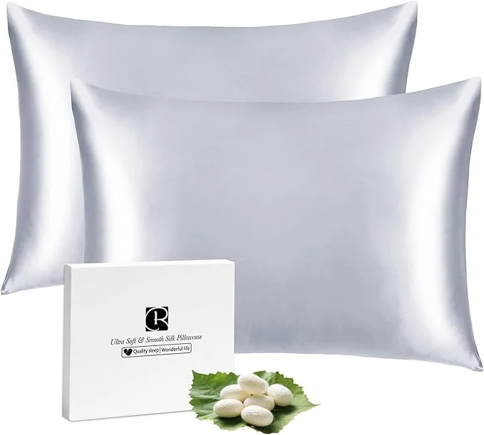 Safe Silk Pillow Cases 2 Pack for Hair and Skin with Hidden Zipper Ravmix Mulberry Silk Pillowcases Standard Size 20×26inches Set of 2 Silk Cooling Pillow Cases Silver Grey First-Class
