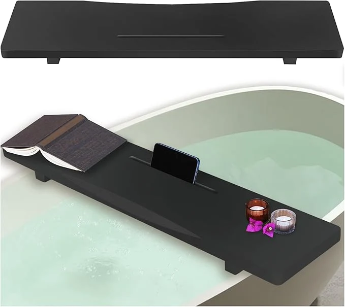 Convenient Stylish Black Bamboo Bathtub Tray Caddy Soft