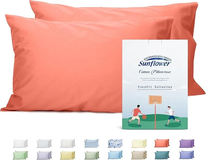 Stylish Sunflower Queen Pillowcases Set of 2 Cotton Queen Size Pillow Cases 2 20×30 inches Coral Soft and Breathable Convenient
