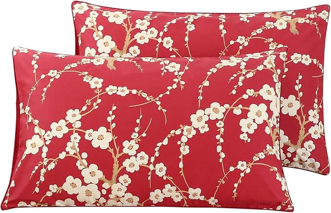 Eco-Friendly WINLIFE Cotton Pillowcases Set of 2 Floral Printed Pillow Case Beige Plum Blossom on Red Pillow Cover King 20×36 39 39 Exceptional