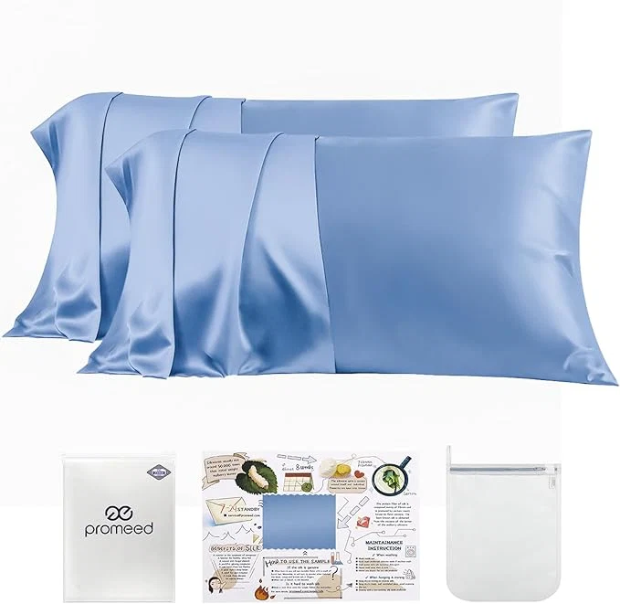 Crafted PROMEED Mulberry Silk Pillowcase Set of 2 Both Sides Natural Silk Pillow Case 2 Pack Cooling Pillow Cases for Hot Sleepers Hidden Zipper Closure Queen 20 quot x30 quot Light Blue Innovative