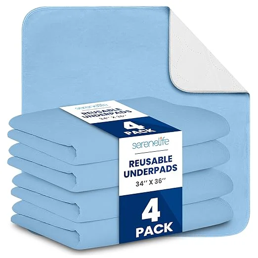 Innovative Serenelife Reusable Underpads 4-Pack Blue Incontinence Bed Pads 34 x 36 IN – For Adults Kids amp Pets – Super Absorbent amp Leak-Resistant – Soft Top Layer For All Skin Types – Washable amp Reusable – Blue Long-Lasting