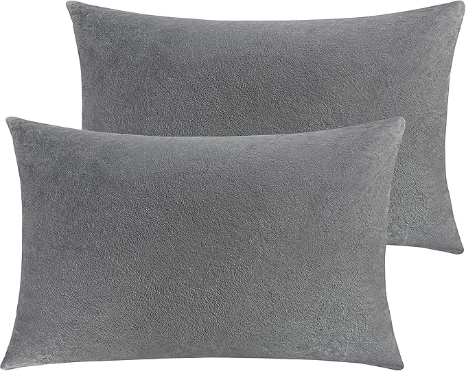 Original NTBAY 2 Pack Zippered Velvet Queen Pillowcases Super Soft and Cozy Luxury Fuzzy Flannel Pillow Cases with Zipper 20×30 Inches Smoke Grey Clean