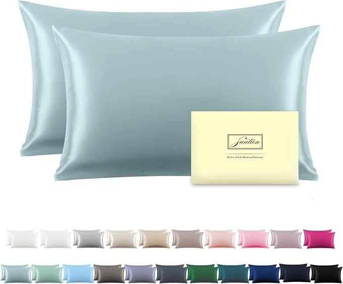 World-Class Suatien Mulberry Silk Pillowcase for Hair and Skin Silk Pillow Cases with Hidden Zipper Soft Smooth Cooling Silk Satin Pillow Cases for Sleeping Haze Blue-2 Pack Standard（20 quot X 26 quot ） Responsible
