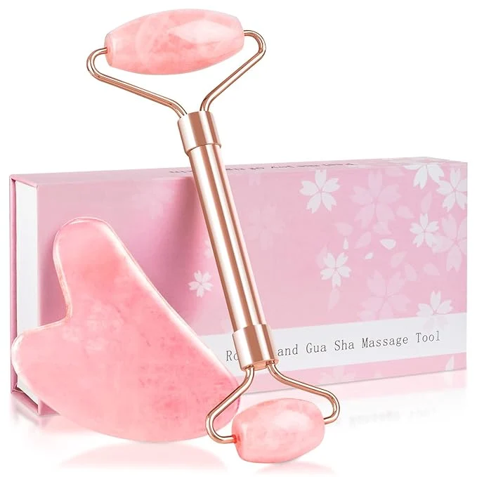 Minimalist Jade Roller GuaSha Set-Facial Beauty Roller Skin Care Tools Rose Quartz Refined