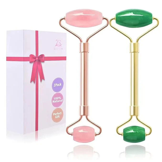 Premium 2 Pack Jade Facial Roller Rose Quartz Face Roller Breathable