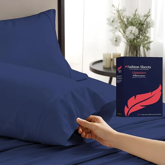 First-Class Ashton Sheets Egyptian Cotton Queen Pillow Cases Set of 2 – Luxury 1200 Thread Count Pillow Cases Queen Size Navy Blue Soft Cooling Hotel Collection Pillowcases Fits Queen Standard Pillow Smart