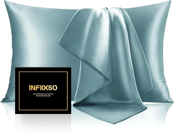 Stylish INFIIXSO Mulberry Silk Pillowcase for Hair and Skin Silk Pillow Cases Queen Size Set of 2 with Hidden Zipper 20×30 Inches Smooth and Soft Cooling Pillow Cases for Hot Sleepers Haze Blue 2 Pack Reliable
