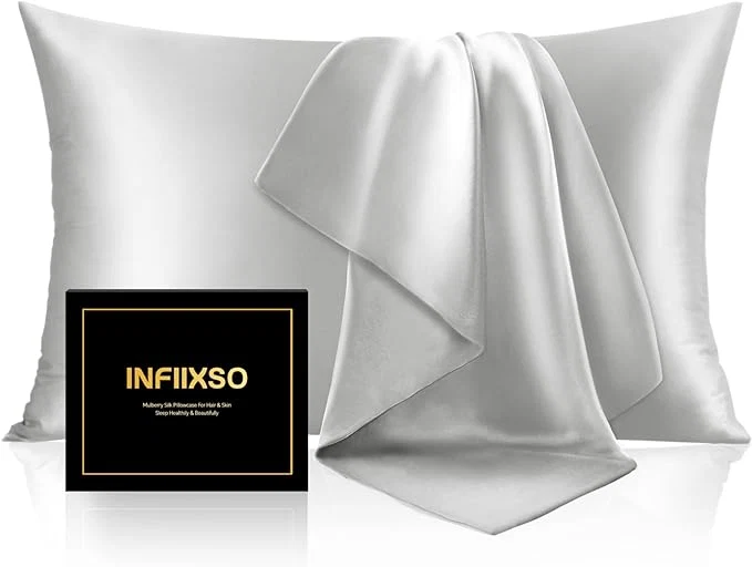 Eco-Friendly INFIIXSO Mulberry Silk Pillowcase for Hair and Skin Silk Pillow Cases Queen Size Set of 2 with Hidden Zipper 20×30 Inches Ultra Soft Cooling Pillow Cases for Hot Sleepers Light Grey 2 Pack Authentic