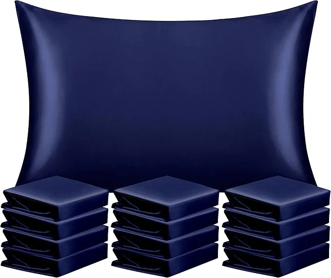 Official NTBAY 12 Pack Satin Standard Pillowcases for Hair and Skin Luxurious and Silky Pillow Cases with Envelope Closure 20 x 26 Inches Navy Blue User-Friendly