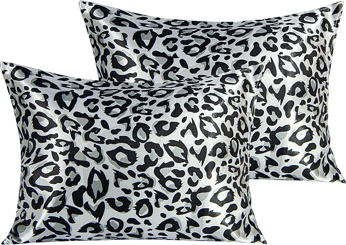 Reusable NTBAY 2 Pack Satin Standard Pillowcases for Hair and Skin Luxurious and Silky Leopard Printed Pillow Cases with Envelope Closure 20×26 Inches Black and White Practical