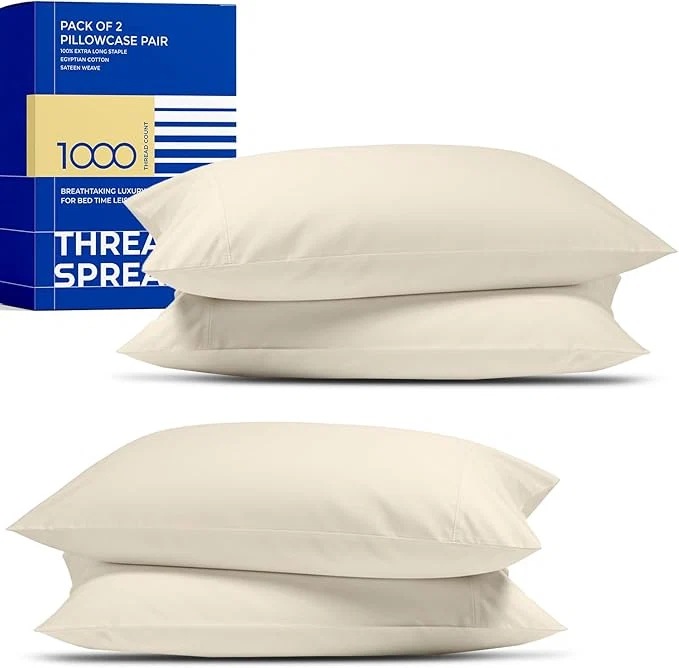 Enhanced Thread Spread Egyptian Cotton Pillow Cases Queen Size Set of 4 – Luxury 1000 Series Paradise Collection Queen Pillow Cases Pack of 2 Ivory Soft Cooling Hotel Egyptian Cotton Pillowcases Recyclable