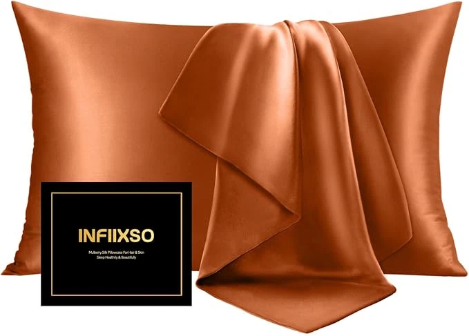 High-Quality INFIIXSO Mulberry Silk Pillowcase for Hair and Skin Silk Pillow Cases Standard Size with Hidden Zipper 20×26 Inches Super Smooth and Soft Cooling Pillow Cases for Hot Sleepers Orange 1 Pack Crafted