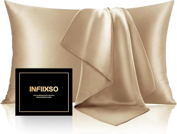 Secure INFIIXSO Mulberry Silk Pillowcase for Hair and Skin Silk Pillow Cases Queen Size Set of 2 with Hidden Zipper 20×30 Inches Smooth and Soft Cooling Pillow Cases for Hot Sleepers Champagne 2 Pack Trendy