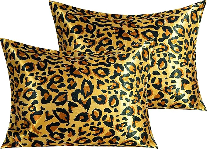 Sustainable NTBAY 2 Pack Satin Standard Pillowcases for Hair and Skin Luxurious and Silky Leopard Printed Pillow Cases with Envelope Closure 20×26 Inches Yellow and Black Natural