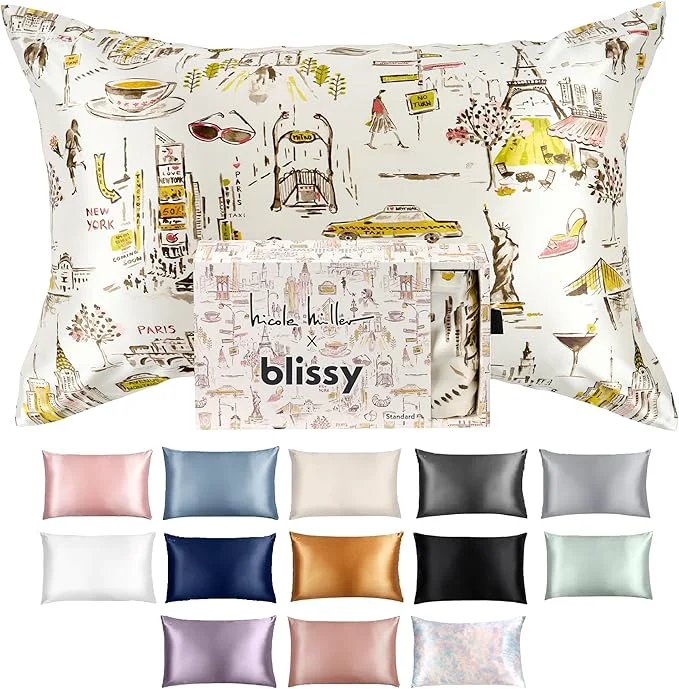 Solid Blissy Silk Pillowcase – Pure Mulberry Silk – 22 Momme 6A High-Grade Fibers – Silk Pillow Cover for Hair amp Skin – Regular Queen amp King Nicole Miller – NY to Paris Queen Powerful