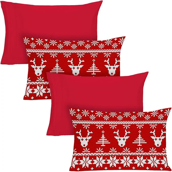 Selected YIYEA Christmas King Size Pillow Cases Set of 4 Ultra Soft Double Brushed Microfiber Red Pillowcases and Christmas Reindeer Pillow Covers Envelope Closure Fade Resistant 20 quot x36 quot Fashionable