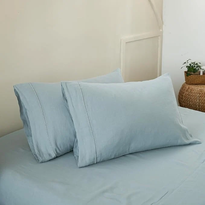 Artisan Simple amp Opulence French Linen Pillowcase Queen Size-Set of 2- Washed Solid Color Pillow Cases Embroidered -Soft and Durable Dusty Blue 20 39 39 x30 39 39 Top-Quality