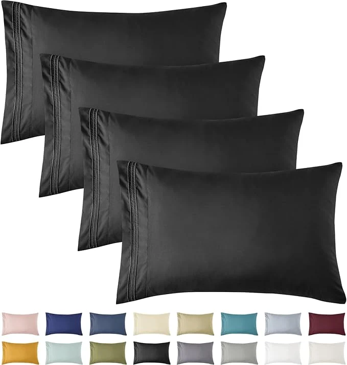 Genuine YIYEA King Pillow Cases Set of 4 Ultra Soft 1800TC Hotel Quality Double Brushed Microfiber Embroidered Pillowcases Envelope Closure Fade Resistant 20 quot x36 quot Black Expertly Made