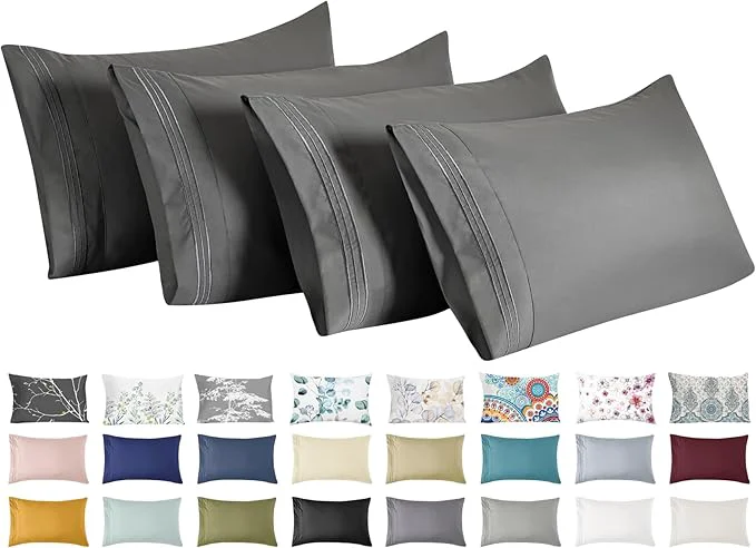 Contemporary YIYEA California King Pillow Cases Set of 4 Ultra Soft 1800TC Hotel Quality Double Brushed Microfiber Embroidered Pillowcases Envelope Closure Fade Resistant 20 quot x40 quot Dark Grey Natural
