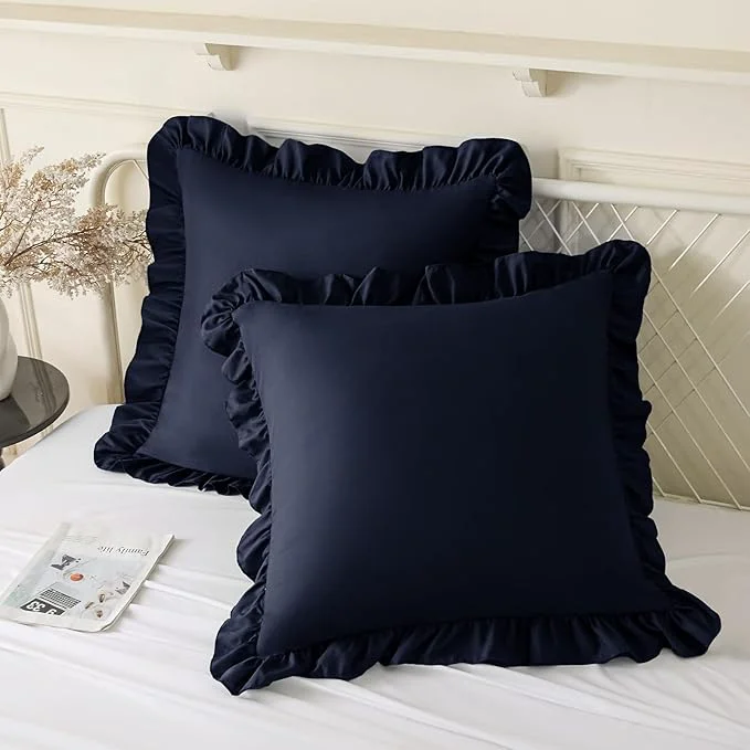 Top-Quality KKJIAF Ruffle Pillow Cases 18×18 Inches Navy Blue Square Ruffled Pillow Covers Set of 2 Microfiber Wrinkle Resistant Pillow Shams with Envelope Closure for Sofa Bed Living Room Original Design