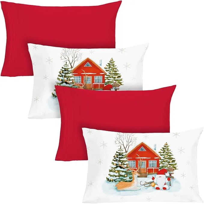 Modern YIYEA Christmas King Size Pillow Cases Set of 4 Ultra Soft Double Brushed Microfiber Red Pillowcases and Christmas Pillow Covers Envelope Closure Fade Resistant 20 quot x36 quot Exceptional