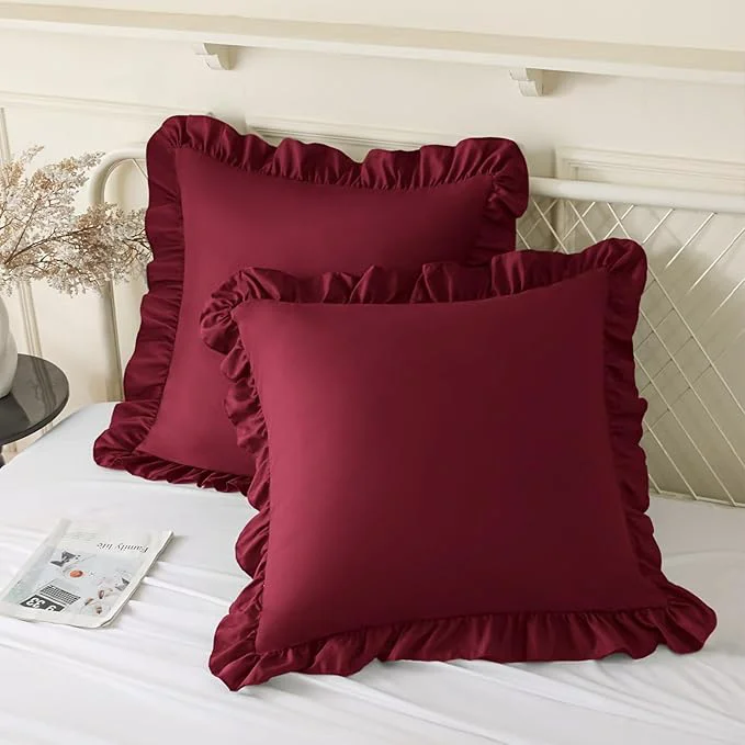 Unique KKJIAF Ruffle Pillow Cases 24×24 Inches Burgundy Square Ruffled Pillow Covers Set of 2 Microfiber Wrinkle Resistant Pillow Shams with Envelope Closure for Sofa Bed Living Room Luxury