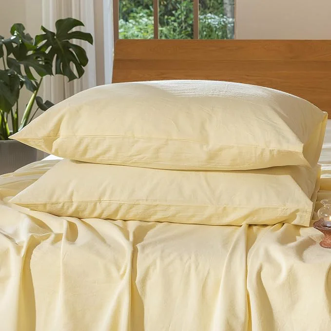 Artisan MooMee Bedding Pillowcases Pack of 2 Washed Cotton Linen Like Textured Breathable Durable Soft Comfy Heathered Butter Yellow Queen Green