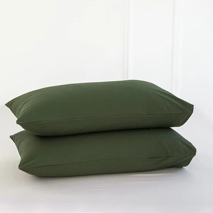 Exclusive MooMee Bedding Pillowcases Pack of 2 Washed Cotton Linen Like Textured Breathable Durable Soft Comfy Solid Olive Green Queen Stylish
