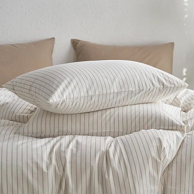 First-Class MooMee Bedding Pillowcases Striped Pack of 2 Washed Cotton Linen Like Textured Breathable Durable Soft Comfy White Tannish Linen Grey Wide Stripes Queen Classic