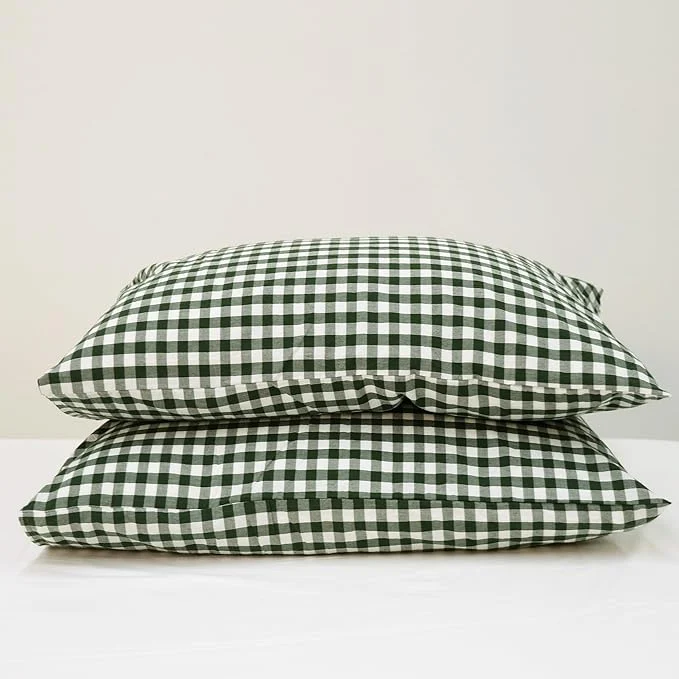 User-Friendly MooMee Bedding Pillowcases Gingham Pack of 2 Washed Cotton Linen Like Textured Breathable Durable Soft Comfy Classic Gingham Forest Green Standard Luxury
