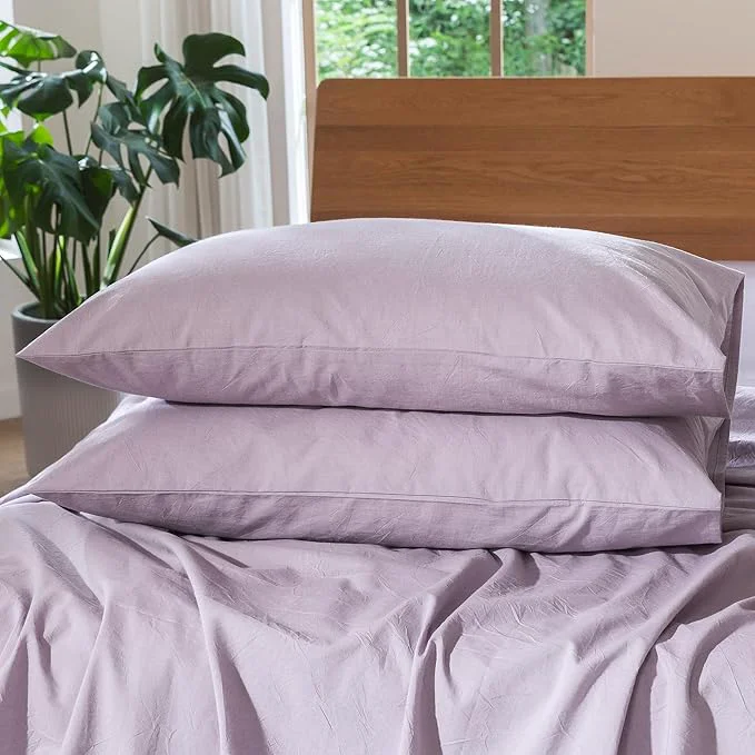 Professional MooMee Bedding Pillowcases Pack of 2 Washed Cotton Linen Like Textured Breathable Durable Soft Comfy Heathered Light Purple King Elegant