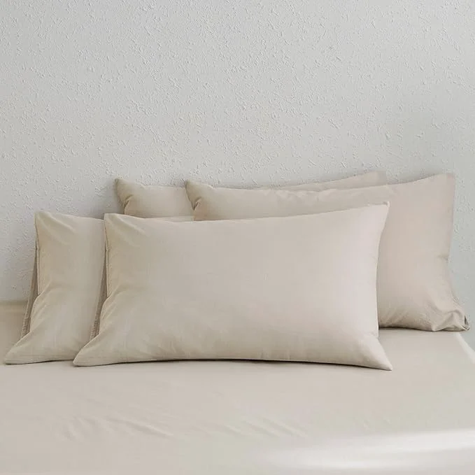 Effective MooMee Bedding Pillowcases Pack of 4 Washed Cotton Linen Like Textured Breathable Durable Soft Comfy Heathered Cream Grey Standard Fashionable