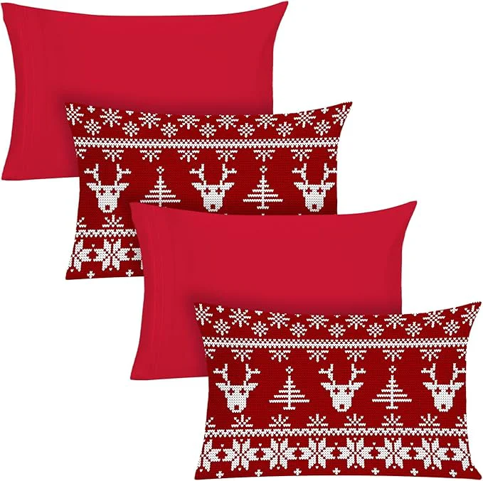 Traditional YIYEA Christmas Pillow Cases Queen Size Set of 4 Ultra Soft Double Brushed Microfiber Red Pillowcases and Christmas Reindeer Pillow Covers Envelope Closure Fade Resistant 20 quot x30 quot Modern