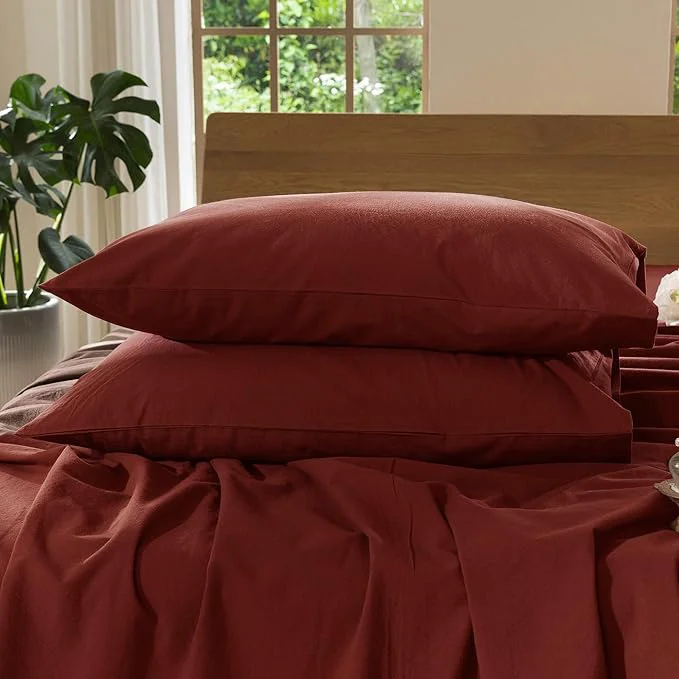 Smart MooMee Bedding Pillowcases Pack of 2 Washed Cotton Linen Like Textured Breathable Durable Soft Comfy Solid Fired Brick Red Queen Functional